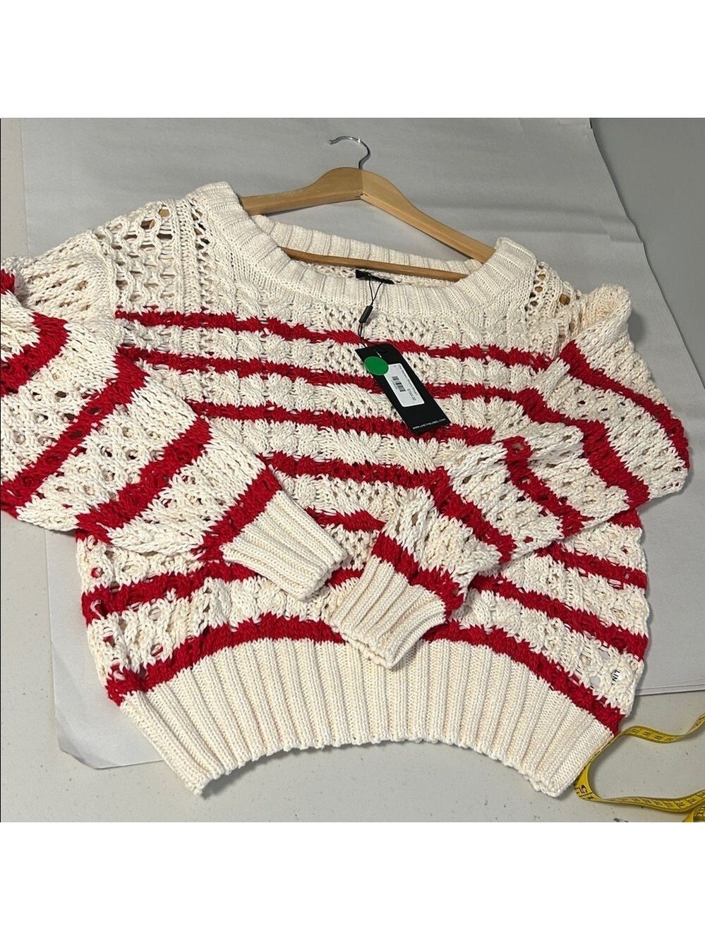 Line The Label Striped Cleo Cable Open Knit Coastal Sweater Small NWT
